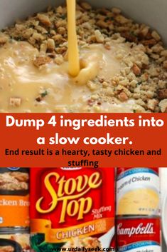 the ingredients for dump 4 ingredients into a slow cooker are shown in this collage