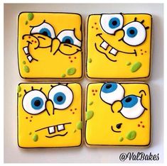 four square cookies decorated like cartoon characters