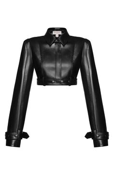 Eco leather mini biker jacket. Belted sleeves and waist. Button and a clasp fastening. Open back. Lined. Color: back. Shell: 100% Polyester with Polyurethane coating Lining: 100% Polyester Made in Georgia This particular piece is non-returnable and non-exchangeable. Mini Jacket, Dr Wardrobe, Mode Zara, Black Tweed, Belted Jacket, Fashion Line, Best Wear, Cosplay Outfits, Stage Outfits