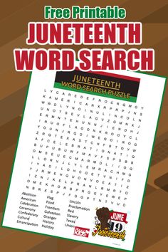 the free printable juneteeth word search is on display in this book cover