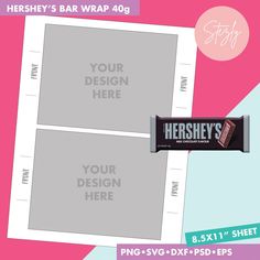 the hershey's bar wrapper is shown on a pink and blue background