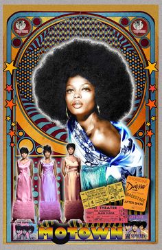 a poster with an afro woman in the center and two other women standing behind it