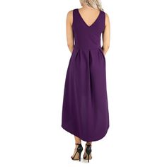 This party ready dress has everything you could wish for. A stylish fit n flare dress featuring a bold high low hemline, v neckline, sleeveless design, and pockets for a finishing touch. With its modern twist on the classic party dress this style is perfect for a wedding guest look or any special occasion. Made from a soft comfortable stretch material. Available in three year round colors and machine washable for easy care. Classic Party Dress, Classic Party, Wedding Guest Looks, Fit N Flare Dress, Purple Dress, Flare Dress, Wedding Guest, Fit And Flare, High Low Dress