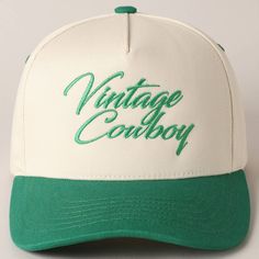 Vintage Cowboy Embroidery Two-Tone Baseball Cap - "Vintage Cowboy" Text Embroidery - 5 Panel Canvas Baseball Cap - 100% Cotton - Adjustable Buckle Closure - Embroidered In USA *One Size Fits All - Adjustable Strap Makes Fit Comfortable.* The VANTAGE Two-Tone Embroidery Trucker Hat blends style and functionality with its distinctive design. The hat features a two-tone color scheme, combining a vibrant or contrasting color on the front panels with a complementary. The embroidered detailing on the Vintage Snapback Hat With Embroidered Logo For Baseball Season, Vintage Baseball Cap With Embroidered Logo For Baseball Season, Vintage Baseball Cap With Curved Bill, Retro Cotton Trucker Hat With Letter Print, Retro Dad Hat With Embroidered Logo, Vintage Baseball Cap With Embroidered Logo And Flat Bill, Vintage White Snapback Hat With Letter Print, Retro Letter Print Baseball Cap For Baseball Season, Vintage Green Dad Hat With Curved Bill