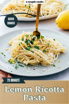 lemon ricotta pasta on a white plate with the recipe book title in front of it