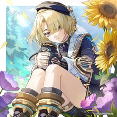 an anime character sitting on the ground with sunflowers in front of her and holding a cell phone