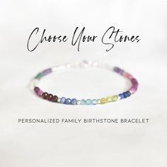 "This design-your-own bracelet showcases a dazzling selection of personalized birthstones. Every bracelet is made to order to your specifications. All gemstones stones used in this bracelet design are natural and uniform in shape - yet no two bracelets are the same. All jewelry will arrive in an elegant, ready-to-gift drawstring pouch within a gift box. With over 12 unique gemstone options to choose from, this bracelet makes the perfect gift for just about anyone in your friend or family circle. Spiritual Sterling Silver Beaded Bracelets With Birthstone, Spiritual Birthstone Jewelry For Birthday Gift, Multicolor Bracelet Jewelry For Mother's Day, Multicolor Bracelet Jewelry For Birthdays, Customizable Jewelry For Birthday Gift, Personalized Charm Bracelet Gift, Spiritual Adjustable Birthstone Jewelry, Multicolor Bracelet Jewelry For Birthday, Personalized Spiritual Beaded Bracelets For Gifts