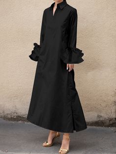 SkuCY-!159557MaterialDacron StyleLoose , A-line , Flared Sleeves , Long Sleeves FeatureButtoned , Split-side , Split-joint , Solid Color NecklineLapel OccasionCasual , Leisure Fashion SeasonsSpring , Autumn TypeMaxi Dresses ColorWHITE,BLACKSizeS,M,L,XL,2XL Please consult the size chart we provide for this item's measurements to help you decide which size to buy.Please note: There may be 1-3cm differ due to manual measurement.CMINCHBustShoulderSleeveLengthHemlineS1003961135180M1044062136184L10841 Fitted Maxi Dress, Flare Sleeve Dress, Loose Fit Shirts, Leisure Fashion, Shirt Dress Casual, Evening Dresses Elegant, Solid Color Shirt, Spring Summer Dress, Women Long Dresses