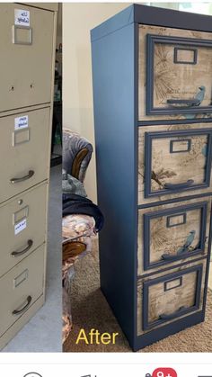 an old filing cabinet has been painted blue