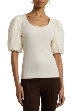 Woven puff sleeves frame a trim mini-ribbed knit bodice in this fashion-forward cotton top. Scoop neck Short sleeves 94% cotton, 6% elastane with 100% cotton contrast Machine wash, line dry Made in Turkey Mascarpone Cream, Slim Fit Top, Cotton Top, Cotton Tops, Sleeve Cotton, Lauren Ralph Lauren, Workout Tops, Puff Sleeves, Stretch Cotton