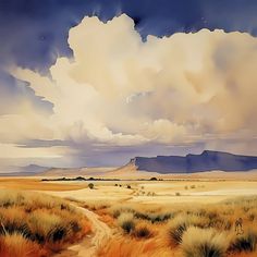 a painting of a desert landscape with mountains in the distance and cloudy skies above it