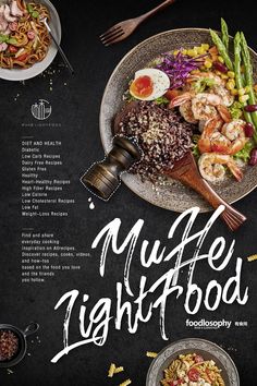 the menu for muffin lightfood with shrimp and asparagus