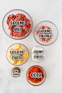 four bowls filled with different types of food and labeled in the words ground beef, cream cheese, crockpot