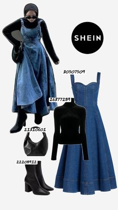 Denim dress , black turtleneck, black pointed boots , black leather bag modest hijabi outfit Shein Modest Outfits, Stylish Outfits Casual, Outfit Modest, Modest Casual Outfits, Hijabi Outfit, Pointed Boots, Cute Modest Outfits, Muslim Outfits Casual, Fashion Top Outfits