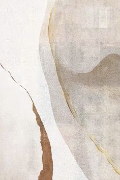 an abstract painting with white and gold paint on the bottom half of it, in front of a beige background