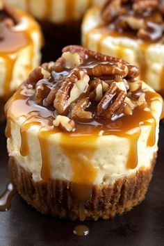 caramel cheesecakes with pecans on top