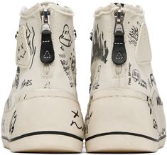 High-top canvas sneakers in off-white. Logo graphics printed, frayed edges, and smudging throughout. · Rubber cap toe · Lace-up closure · Rubberized logo patch at outer side · Eyelets at inner side · Zip closure at heel · Hand-stitching at platform midsole · Treaded rubber sole · Platform: H2 Available exclusively at SSENSE. Supplier color: Ecru Navy And Brown, Star Sneakers, Latest Sneakers, Canvas Sneakers, Check Pattern, Converse High Top Sneaker, Converse Chuck Taylor High Top Sneaker, Sneakers White, Luxury Streetwear