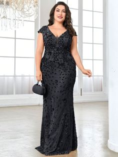 Black  Collar Cap Sleeve Sequins Plain Fitted Embellished Medium Stretch All Weddings & Events Champagne Evening Dress, Evening Wear Dresses, 파티 드레스, Sequin Dresses, Sequin Decor, Plus Size Formal Dresses, Girls Formal Dresses, Sequin Evening Dresses, Semi Formal Dresses