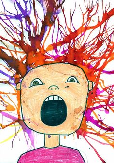 a child's drawing of a person with their mouth open and hair blowing in the wind