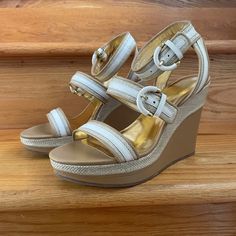 Coach Maralee Baby Calf Platform Wedges, Women’s Size 10. Never Been Worn, Original Packaging Included! White And Tan Leather With Woven Straw Details. Adjustable Straps Feature Leather Covered Brass Buckles. Gold Leather Lining. Rubber Sole. Heel Height 4.5” Front Platform 1.5” Perfect For Spring/Summer! Coach White Sandals For Spring, Coach White Leather Sandals, White Leather Coach Sandals, Grey Sandals, Chestnut Leather, Tan Wedges, Wedge Espadrilles, Brown Wedges, Cork Wedges Sandals