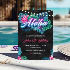 this is an image of a birthday party with neon lights and flowers on the card