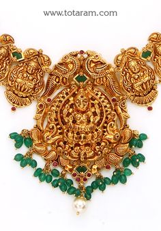 22 karat gold "lakshmi - peacock" necklace with beads,color stones & culture pearls (temple jewellery)
   - 235-GN5442 - in 42.400 Grams for USD $4,509.37 USD. 
Made in India by Totaram Jewelers Online this product is in Gold - 22 Karat BIS Hallmark 916 Gold  & is an excellent gift for Adult - Women. Ships fully insured with secured guaranteed delivery for free with your order over $250 from New Jersey USA & comes with 30 days exchange policy. Yellow Gold Kundan Necklace With Peacock Design For Festivals, Festive Yellow Gold Temple Necklace With Peacock Design, 22k Gold Temple Necklace With Peacock Design For Navratri, 22k Gold Peacock Temple Necklace For Navratri, Festive 22k Gold Kundan Necklace With Peacock Design, 22k Yellow Gold Temple Necklace With Peacock Design, 22k Gold Kundan Necklace With Peacock Design For Puja, 22k Gold Green Temple Necklace For Festive Occasions, Green 22k Gold Temple Necklace For Festive Occasion