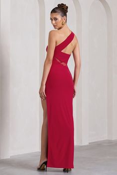 Maxi Dresses Black-Tie & Party Maxi Dresses – Club L London - USA One Shoulder Stretch Maxi Dress With Side Slits, Stretch One-shoulder Maxi Dress With Side Slits, One Shoulder Maxi Dress With Cutout, Asymmetrical Neckline Maxi Dress With Cutout For Party, One-shoulder Elastane Maxi Dress, Shoulder Piece, Red Maxi Dress, Velvet Prom Dress, Leg Split