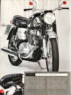 an advertisement for a motorcycle is shown in black and white, with red lights on the front