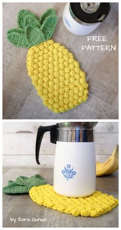 crocheted pineapple pot holder and coffee mug cozyies are perfect for summer