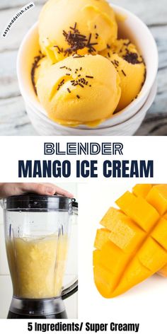 Scoops of mango ice cream in a bowl with the overlay text "Blender mango ice cream" in the center, and images of a mango chunks and a blender (side-by-side) at the bottom. Ice Cream In A Blender, Mango Ice Cream Recipe, Hemgjord Glass, Mango Desserts, Mango Dessert Recipes, Mango Dessert, Mango Ice Cream