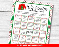 the ugly sweater printable christmas game is shown on a wooden table with red and green check