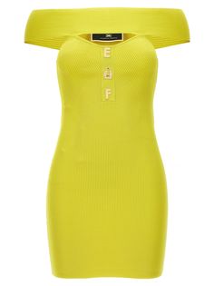 a women's yellow dress with an off the shoulder neckline and gold buttons