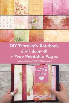 a hand holding up a notebook with the title, diy traveler's notebook junk journal and free printable pages