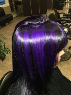 Black And Purple Streaks Hair, Purple Hair Streaks Black Hair, Purple Hair By Hair Pattern, Streaks Of Purple In Hair, Black And Purple Hair Dye Ideas, Short Hair With Purple Streaks, Mixed Purple Hair, Black Hair With Colored Streaks, Y2k Purple Hair