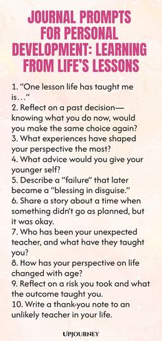 a pink poster with the words journal prompts for personal development learning from life's lessons