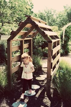 a pallet playhouse tiny recycled diy shack fort side of house with clematis or climbing vine going up. Arbor Garden Arbor, Children's Garden, Natural Playground, Pallet Garden, Outdoor Classroom, Backyard Play