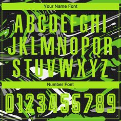 a green and black typeface with numbers on the bottom, upper and lower letters