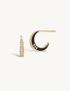 SRJ X Zosia Mamet Diamond and Enamel Hoops – Sophie Ratner Jewelry Elegant 14k Gold Jewelry With Black Enamel, Evening Jewelry In 14k Gold With Black Enamel, Yellow Gold Enamel Jewelry With Rose Cut Diamonds, Evening 14k Gold Jewelry With Black Enamel, Luxury Enamel Jewelry With Diamond Accents, Classic Oval Enamel Jewelry, Timeless Oval Black Enamel Jewelry, Elegant Crescent Rose Cut Diamond Jewelry, Classic Black Enamel Earrings For Anniversary