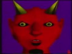 an animated red demon with horns and big eyes