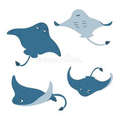 four different types of stingfishs in blue and white colors on a white background