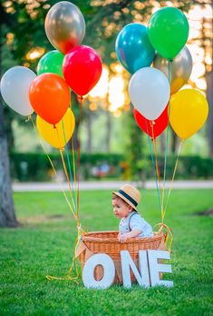 a little boy sitting in a basket with balloons and the word one written on it