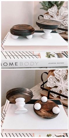 two pictures of different wooden bowls and spoons on top of each other, one with white balls in the middle