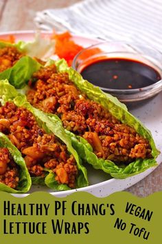 Lettuce leaves filled with bulgur, water chestnuts, and scallions, with dipping sauce. Pf Changs Lettuce Wraps, Firecracker Sauce, Vegan Lettuce Wraps, Ginger Wraps, Pf Chang, Asian Lettuce Wraps, Pf Changs, Vegan Wraps, Lettuce Wrap