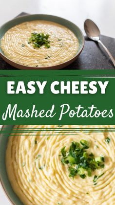 two bowls of mashed potatoes with parsley on top and the title overlay reads easy cheesy mashed potatoes