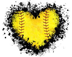 a heart shaped softball ball painted in yellow and black with paint splatters around it