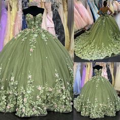 Top Seller for Green Quinceanera Dresses Princess Ball Gown 3D Flowers Party Sweet 16 Dresses, Women's Dresses Green Quinceanera, Green Quinceanera Dresses, Green Ball Gown, Quinceanera Themes Dresses, Sweet 16 Dress, Quinceñera Dresses, Tulle Balls, Quinceanera Ideas, Pretty Quinceanera Dresses