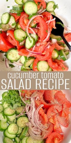 cucumber tomato salad recipe in a white bowl