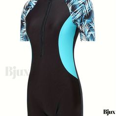 Bjux - Womens Short Sleeve Color Block Zipper One-Piece Swimsuit with Blue Leaf Print: High Stretch Sun Protective Rash Guard for Surfing and Water Sports - Versatile Swimwear & Clothing Competition Swimwear, Blue Leaves, One Piece Suit, Swimwear Outfit, One Piece For Women, Leaf Print, Rash Guard, Chest Pad, Water Sports