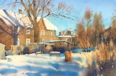 a painting of snow covered houses and trees