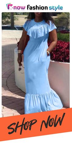 Sky Blue Fashion Casual Solid Split Joint O Neck Short Sleeve Dress Casual Blue Solid Color Maxi Dress, Casual Solid Blue Maxi Dress, Casual Blue Maxi Dress Solid Color, Light Blue Sleeveless Dress With Pockets, Blue Maxi Dress With Pockets, Blue Sleeveless Maxi Dress With Pockets, Sleeveless Blue Maxi Dress With Pockets, Elegant Blue Maxi Dress With Pockets, Blue Solid Color Maxi Dress